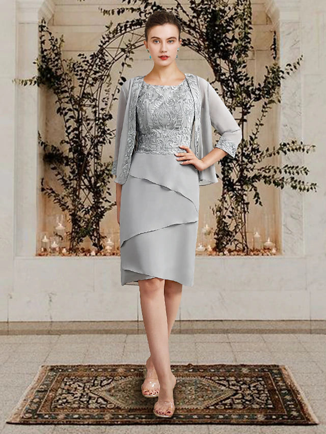 Luolandi Two Piece Sheath / Column Mother of the Bride Dress Church Elegant Square Neck Jewel Neck Knee Length Chiffon Lace Sleeveless Wrap Included