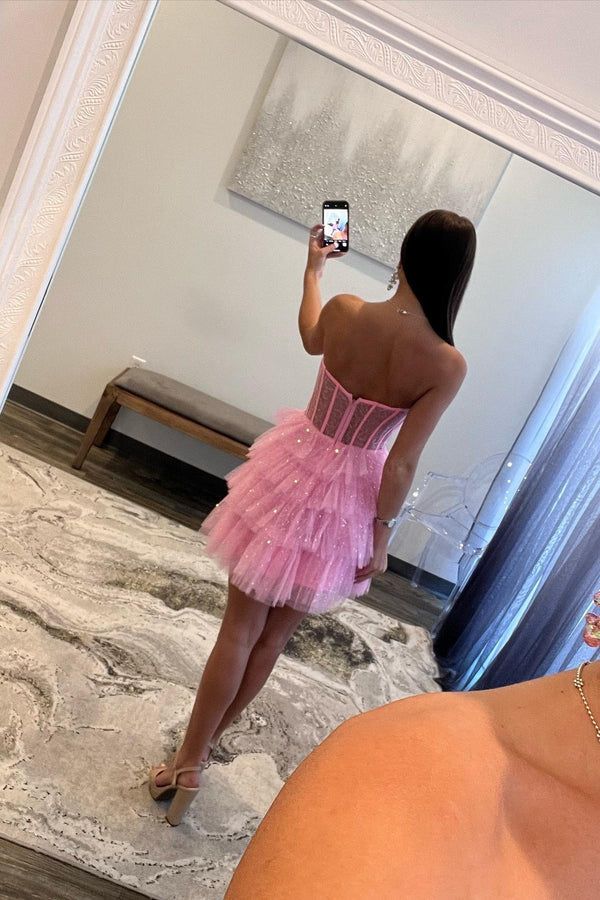 Luolandi Black Sparkly Strapless Multi-Layers Tulle Homecoming Dress Off Shoulder Party Dress