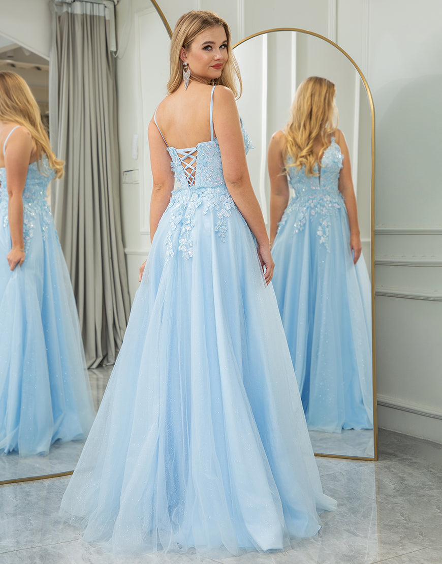 Luolandi Light Blue A Line Long Prom Dress With Appliques Beautiful Charming Evening Dress