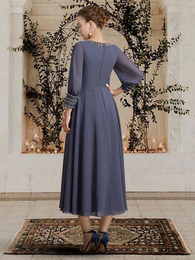 Luolandi A-Line Mother of the Bride Dress Elegant Jewel Neck Tea Length Chiffon Long Sleeve with Beading Pure Color