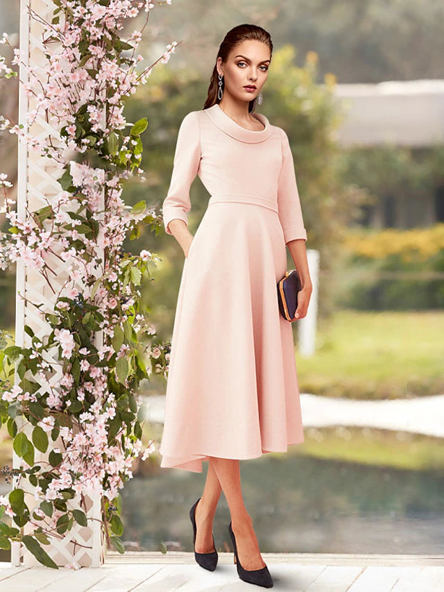 Luolandi Sheath / Column Mother of the Bride Dress Minimalist Sweet Scoop Neck Tea Length Satin 3/4 Length Sleeve with Pleats