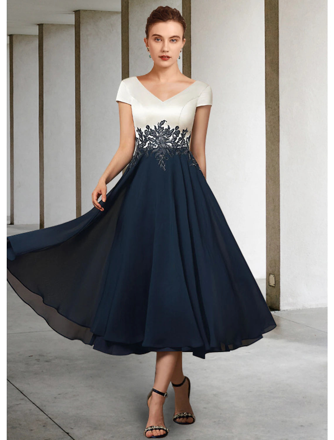 Luolandi A-Line Mother of the Bride Dress Fall Wedding Guest Elegant V Neck Tea Length Chiffon Satin Lace Short Sleeve with Pleats=