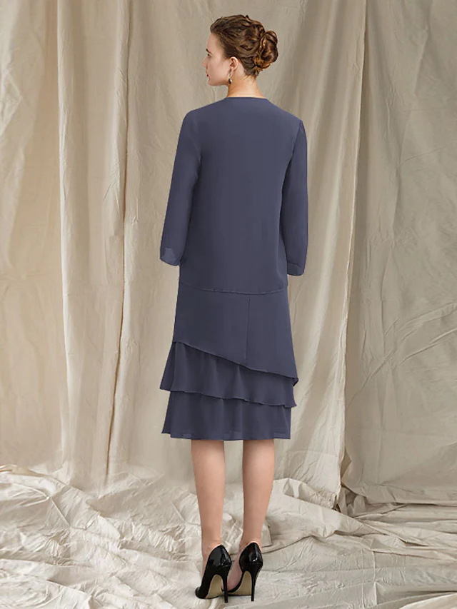 Luolandi Two Piece A-Line Mother of the Bride Dress Elegant Wrap Included Jewel Neck Knee Length Chiffon Sleeveless