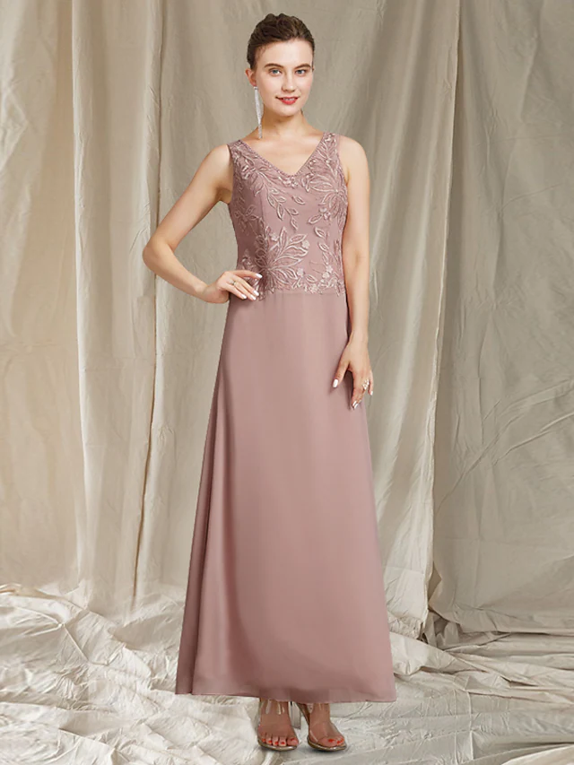 Luolandi Mother of the Bride Dress Elegant Wrap Included V Neck Ankle Length Chiffon Lace Sleeveless with Beading