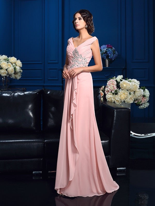 Luolandi A-Line Princess V-neck Beading Sleeveless Long Chiffon Mother of the Bride Dresses Floor Length