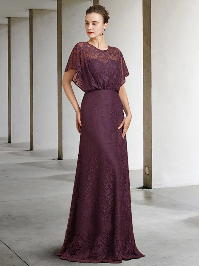 Luolandi Mother of the Bride Dress Elegant Jewel Neck Floor Length Lace Short Sleeve with Pleats Grape