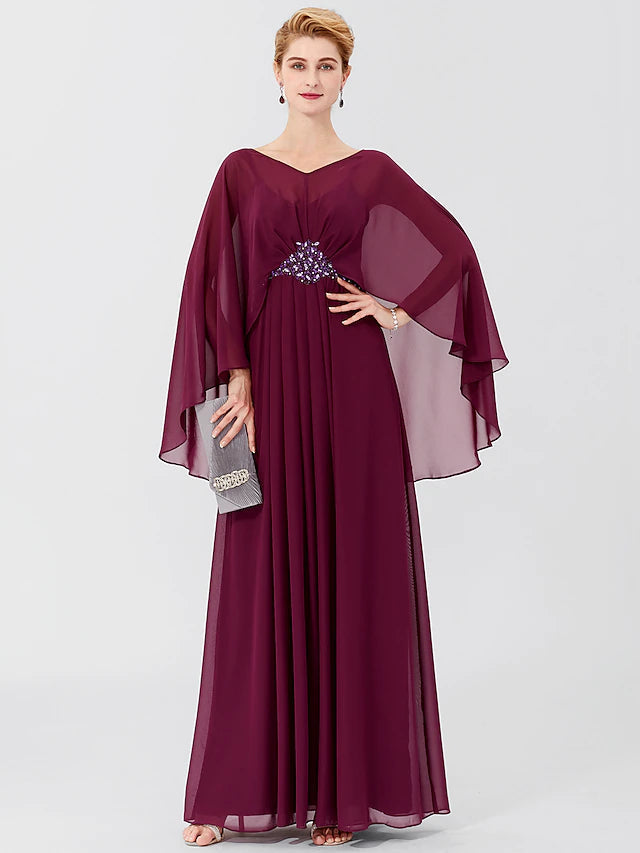 Luolandi Sheath / Column Mother of the Bride Dress Formal Classic & Timeless Elegant & Luxurious Elegant V Neck Floor Length Chiffon Long Sleeve with Pleats