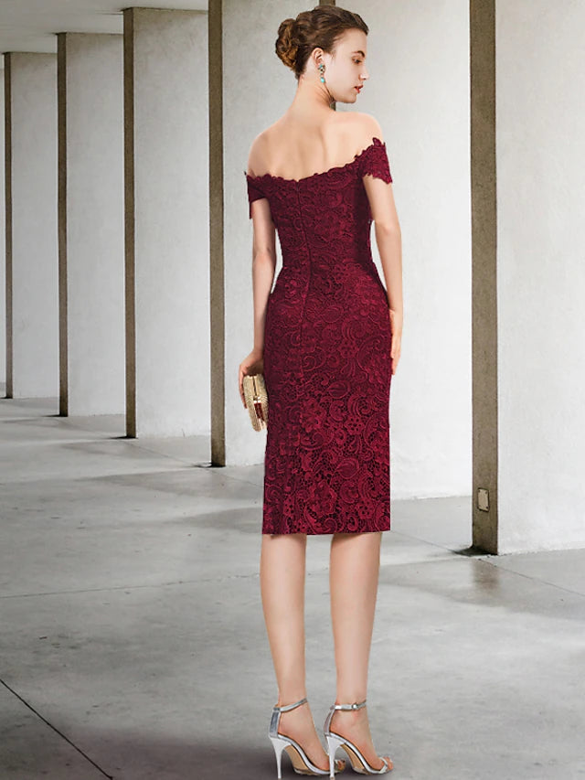 Luolandi Two Piece Sheath / Column Mother of the Bride Dress Formal Wedding Guest Party Elegant Off Shoulder Knee Length Chiffon Lace Short Sleeve