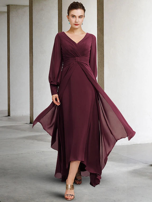 Luolandi A-Line Mother of the Bride Dress Plus Size Elegant High Low V Neck Asymmetrical Floor Length Chiffon Long Sleeve with Pleats