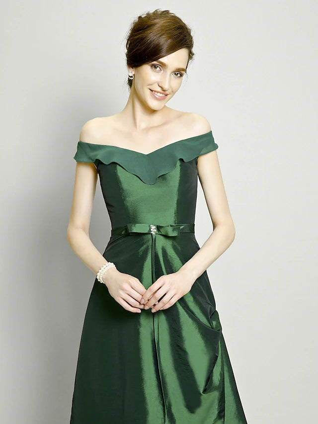 Luolandi A-Line Mother of the Bride Dress Elegant High Low Off Shoulder Asymmetrical Chiffon Taffeta Short Sleeve with Pick Up Skirt Bow(s)