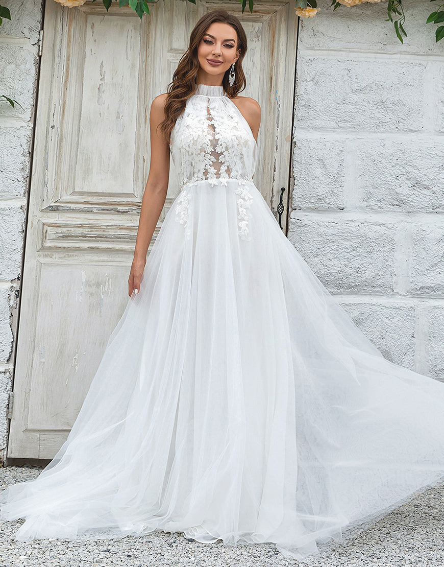 Luolandi Ivory Open Back Tulle Sweep Train Wedding Dress with Lace Beautiful