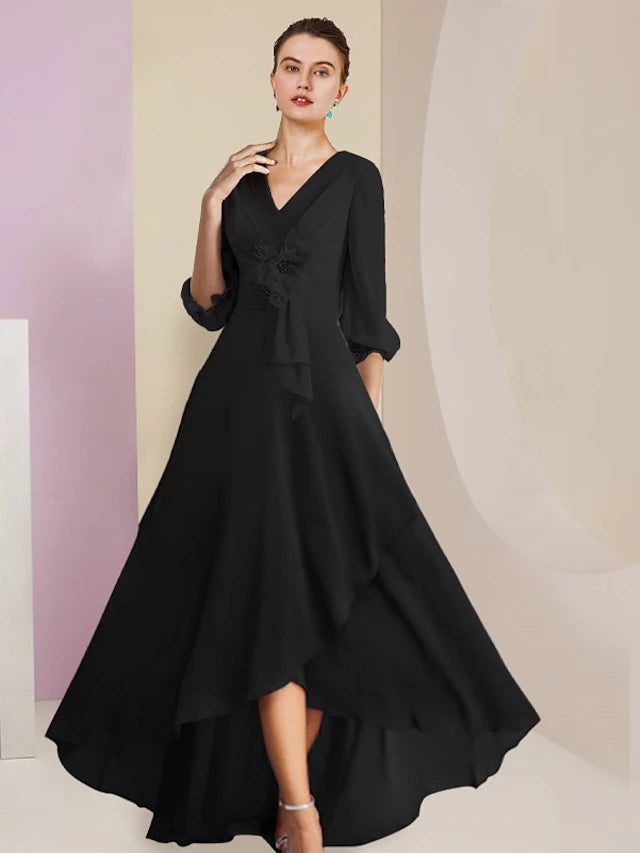 Luolandi A-Line Mother of the Bride Dress Formal Wedding Guest Vintage Elegant V Neck Asymmetrical Ankle Length Chiffon 3/4 Length Sleeve