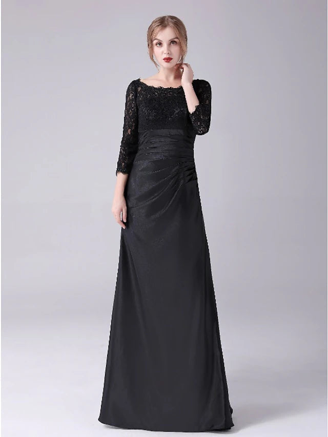 Luolandi Mermaid / Trumpet Mother of the Bride Dress Plus Size Elegant Jewel Neck Floor Length Satin 3/4 Length Sleeve with Lace