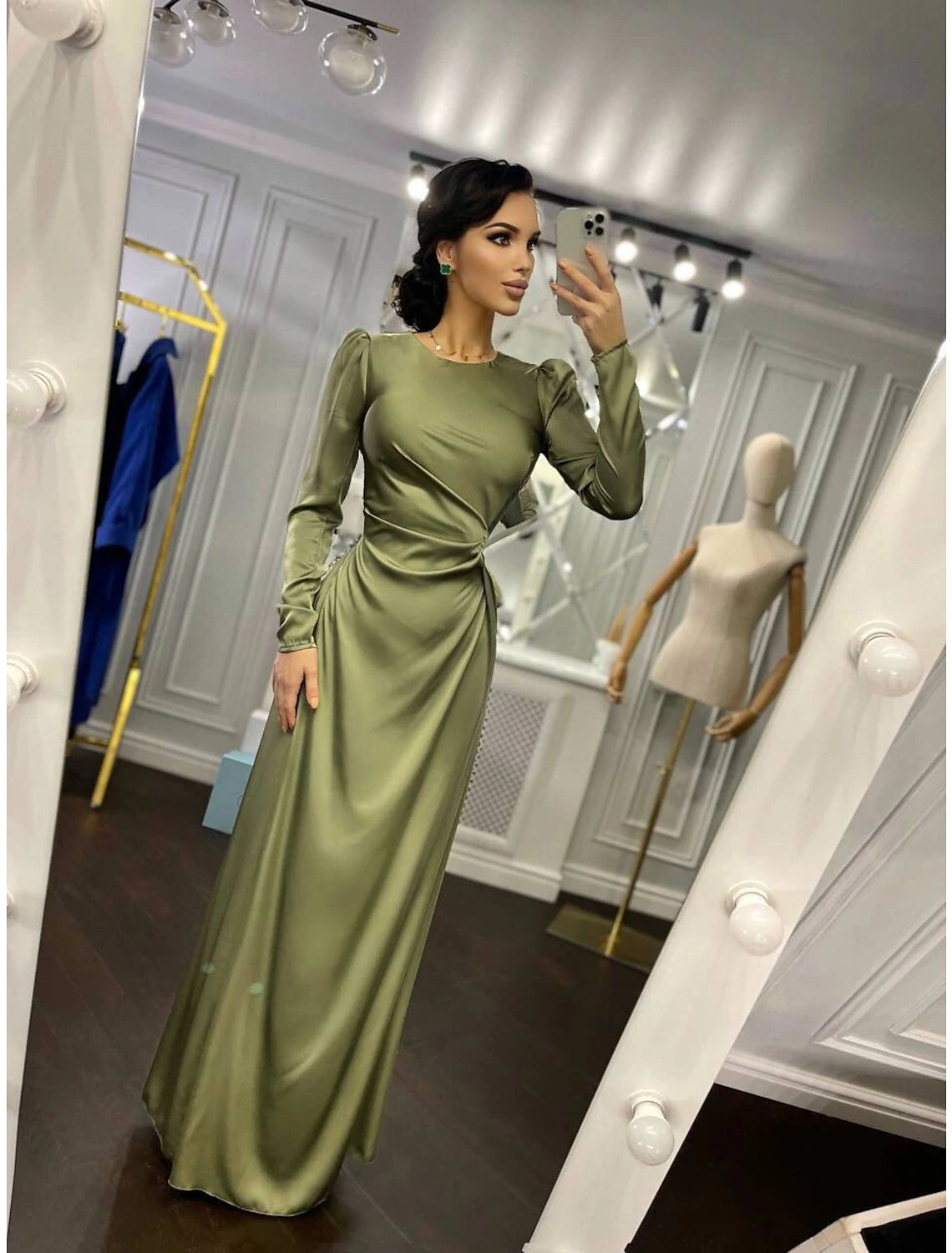 Luolandi Sheath Party Dress Evening Gown Elegant Dress Wedding Guest Fall Floor Length Long Sleeve High Neck Bridesmaid Dress Satin