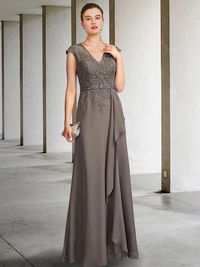 Luolandi A-Line Mother of the Bride Dress Elegant V Neck Floor Length Chiffon Lace Cap Sleeve with Sash / Ribbon