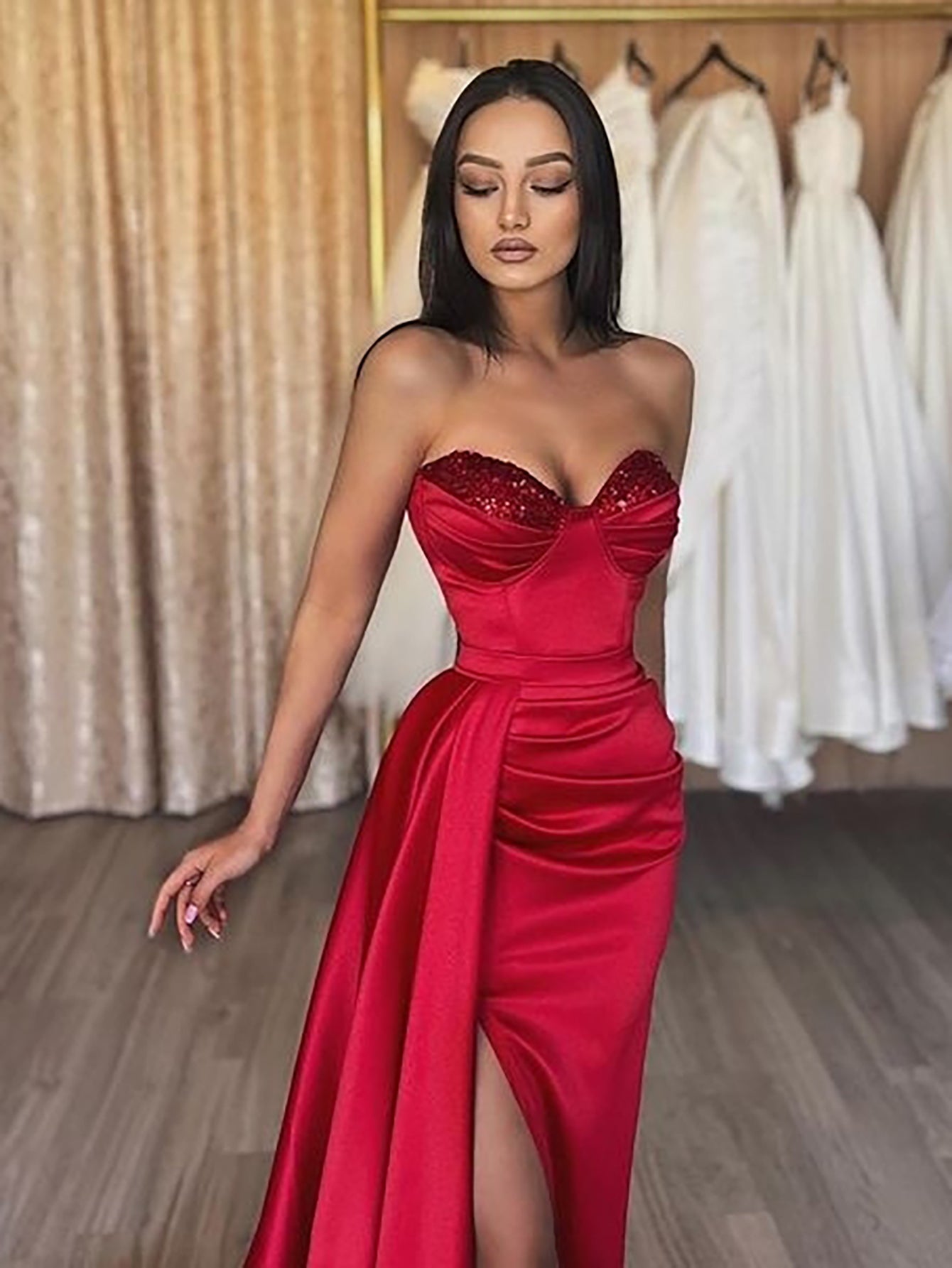 Luolandi Burgundy Sweetheart Satin Long Prom Dress Off Shoulder With Slit Sexy Evening Dress