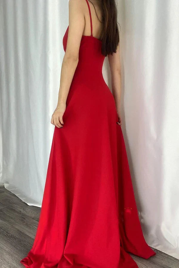 Luolandi Chic modern A-line V-neck slim shoulder strap long evening dress Pure Color