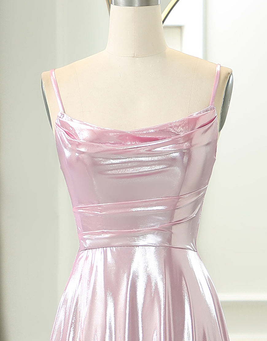 Luolandi Sparkly Pink A Line Spaghetti Straps Long Prom Dress Sexy Evening Dresses