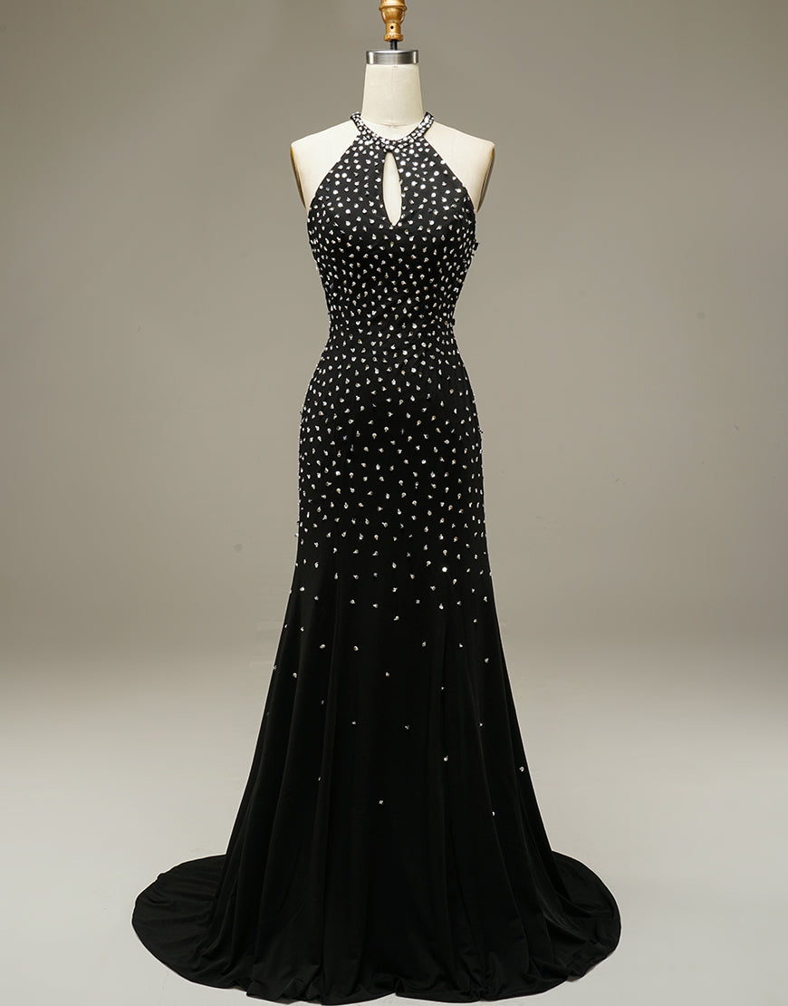Luolandi Black Mermaid Beading Open Back Prom Dress Sparkly Evening Dress