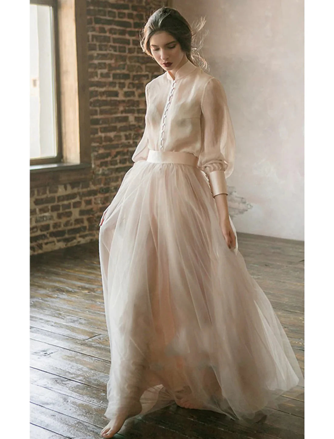 Luolandi Two Piece Party Dress Minimalist Wedding Guest Formal Evening Birthday Dress Stand Collar Long Sleeve Floor Length Chiffon with Tier Beautiful