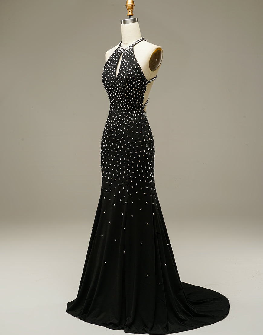 Luolandi Black Mermaid Beading Open Back Prom Dress Sparkly Evening Dress