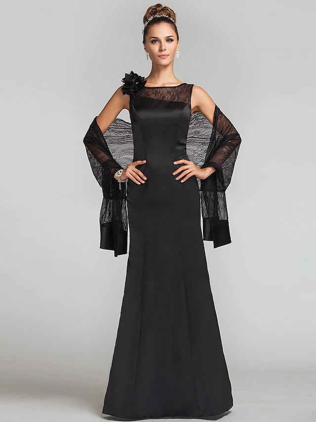 Luolandi Mermaid / Trumpet Mother of the Bride Dress Wrap Included Jewel Neck Floor Length Satin Lace Sleeveless with Flower