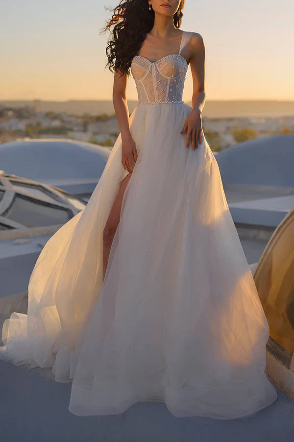 Luolandi A Line Sweetheart Pearl Princess Wedding Dress With Slit Beautiful