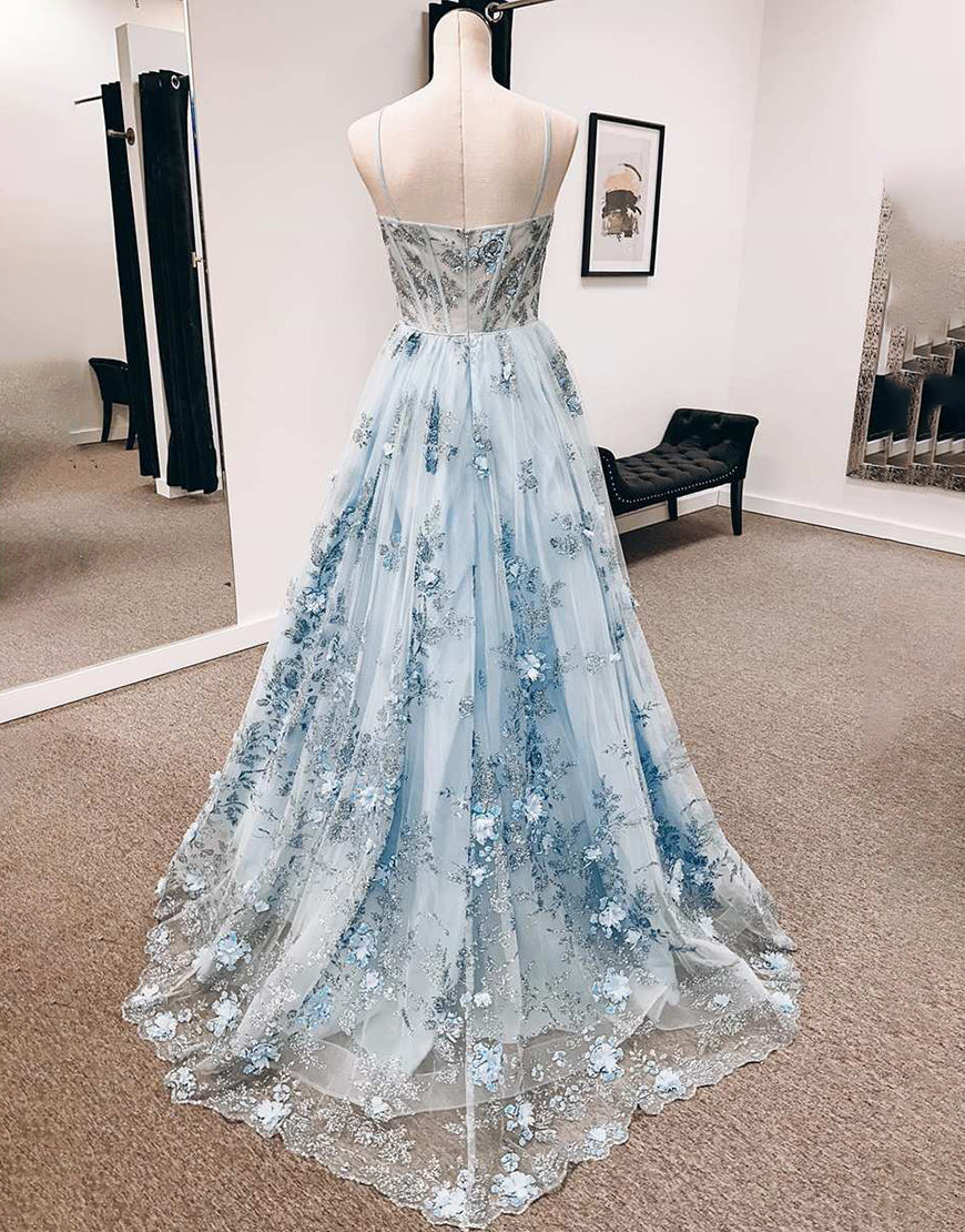 Luolandi Light Blue Tulle Spaghetti Straps Princess Corset Long Prom Dress Beautiful