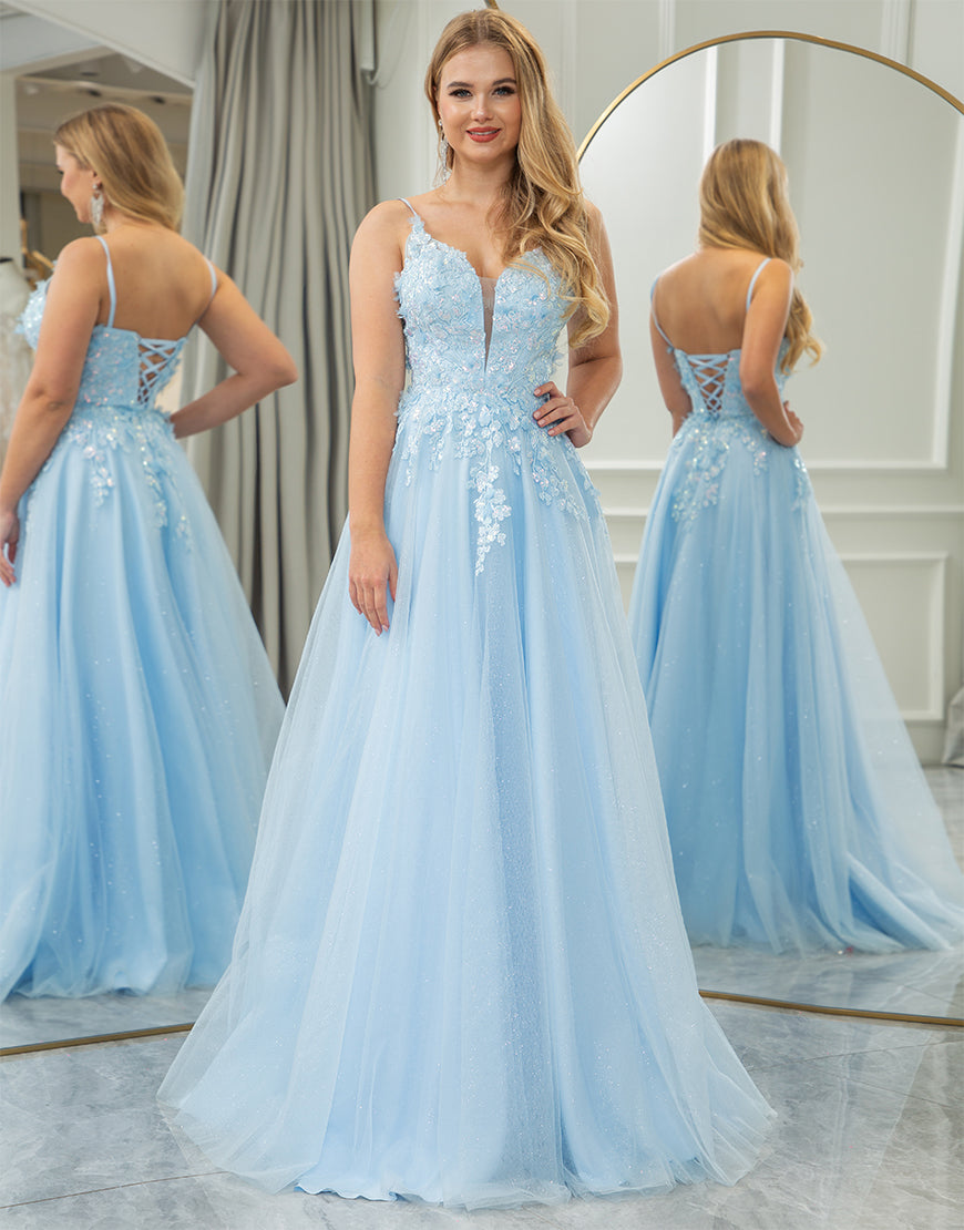 Luolandi Light Blue A Line Long Prom Dress With Appliques Beautiful Charming Evening Dress