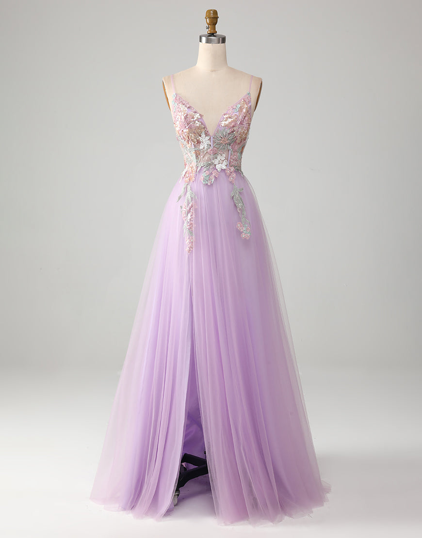 Luolandi Lilac A-Line V-Neck Long Prom Dress With Applique With Slit Beautiful Flowers