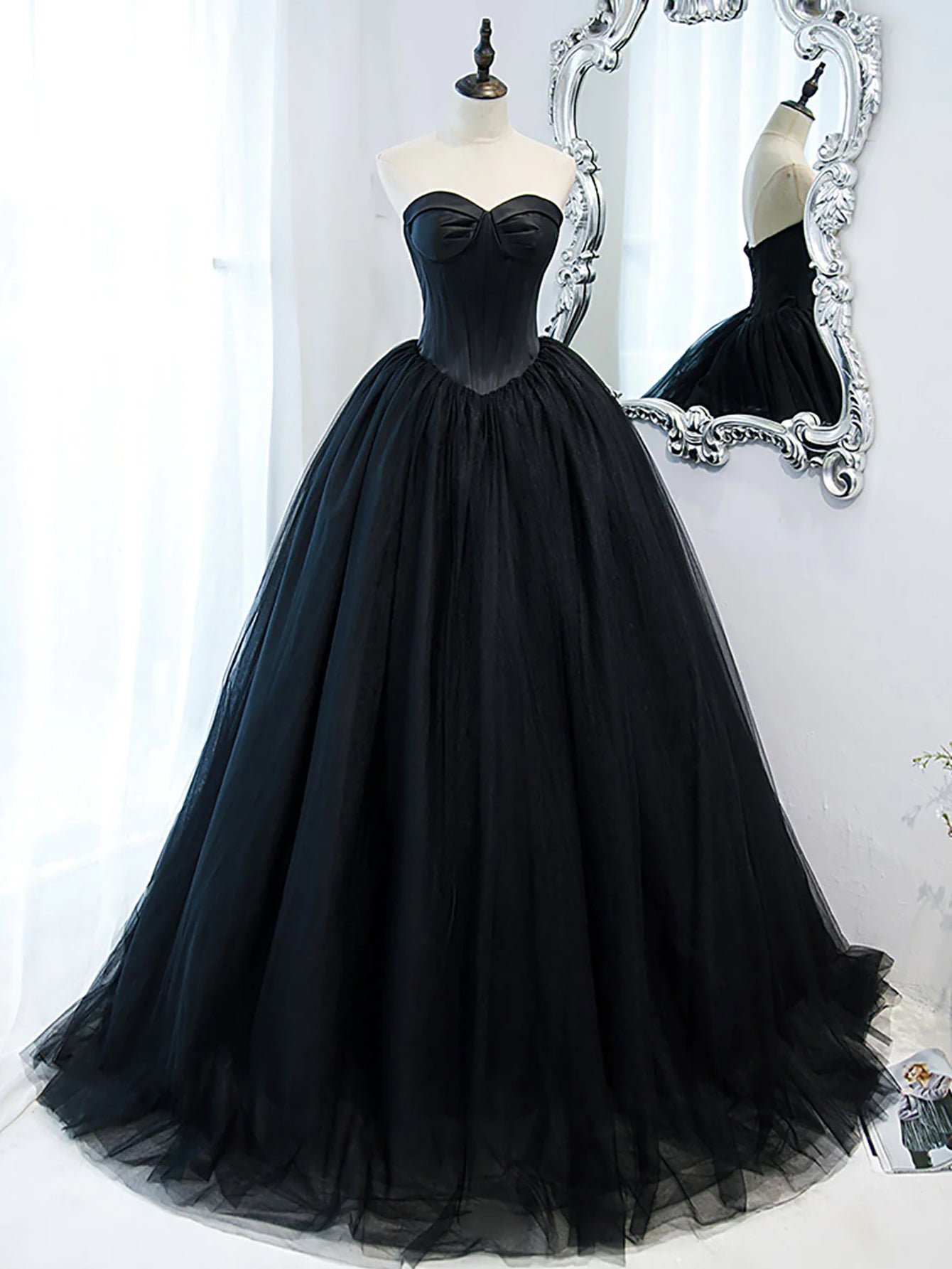 Luolandi Black A Line Sweetheart Princess Tulle Long Prom Dress Off Shoulder