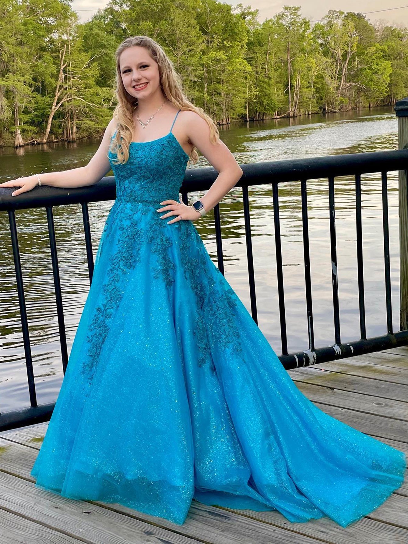 Luolandi Spaghetti Straps Blue Sparkly Long Prom Dress With Appliques Beautiful