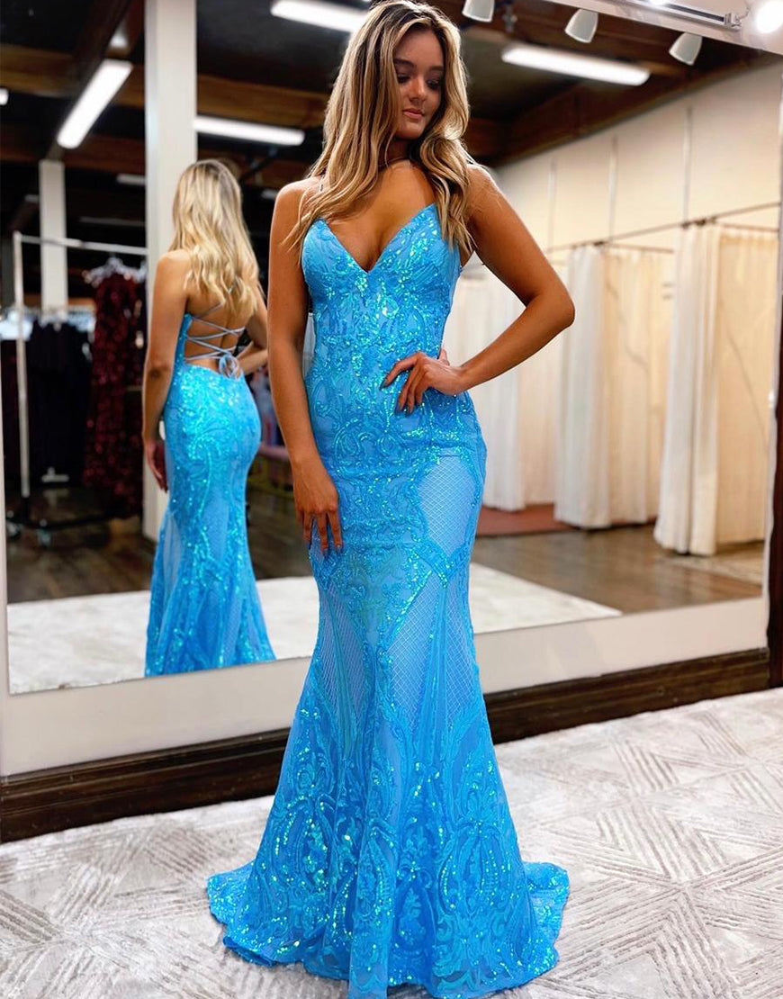 Luolandi Lace Mermaid Long Prom Dress V-neck Evening Dresses Sexy Royal Blue