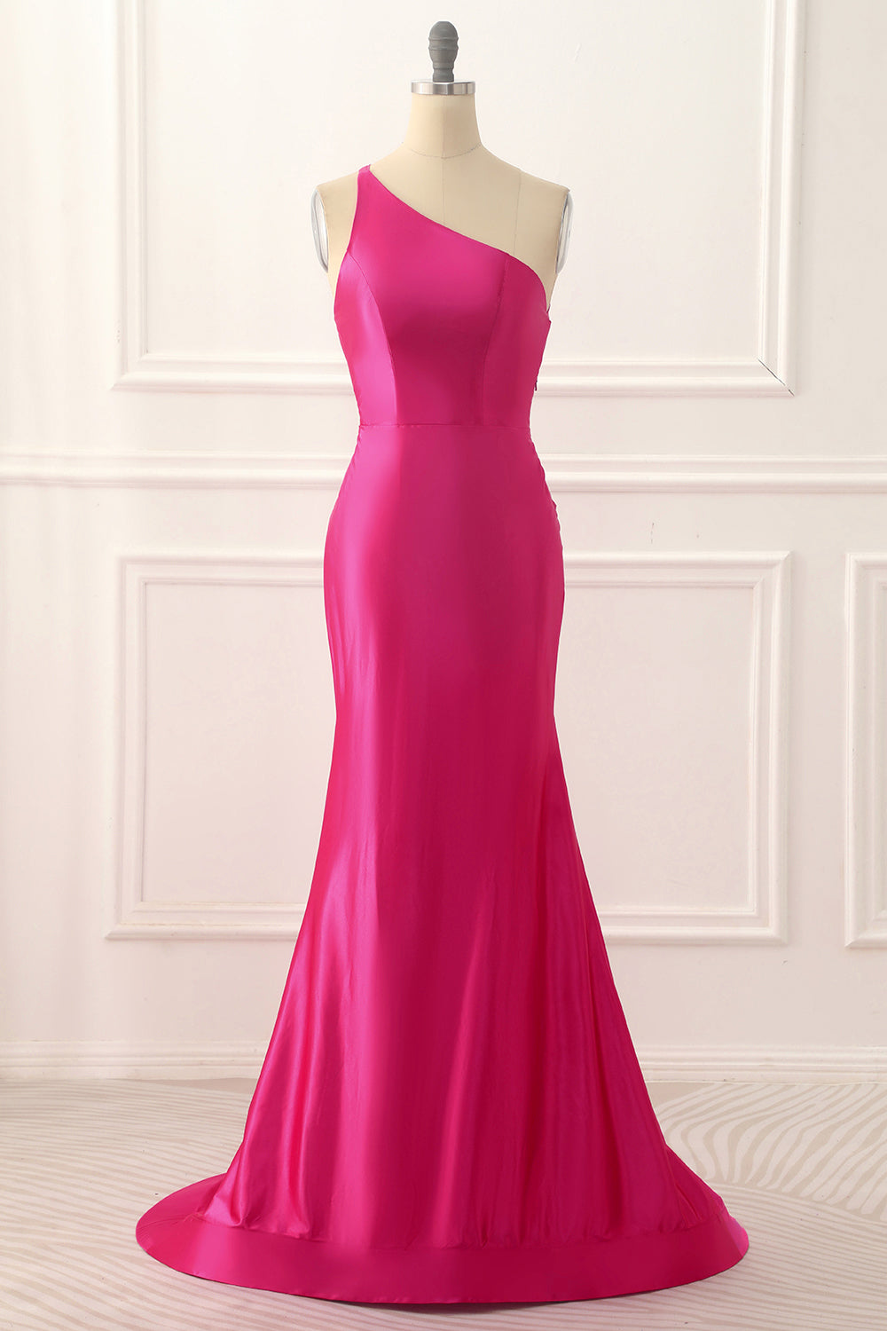 Luolandi One Shoulder Hot Pink Satin Backless Long Prom Dress Sexy Evening Dress Party Dress