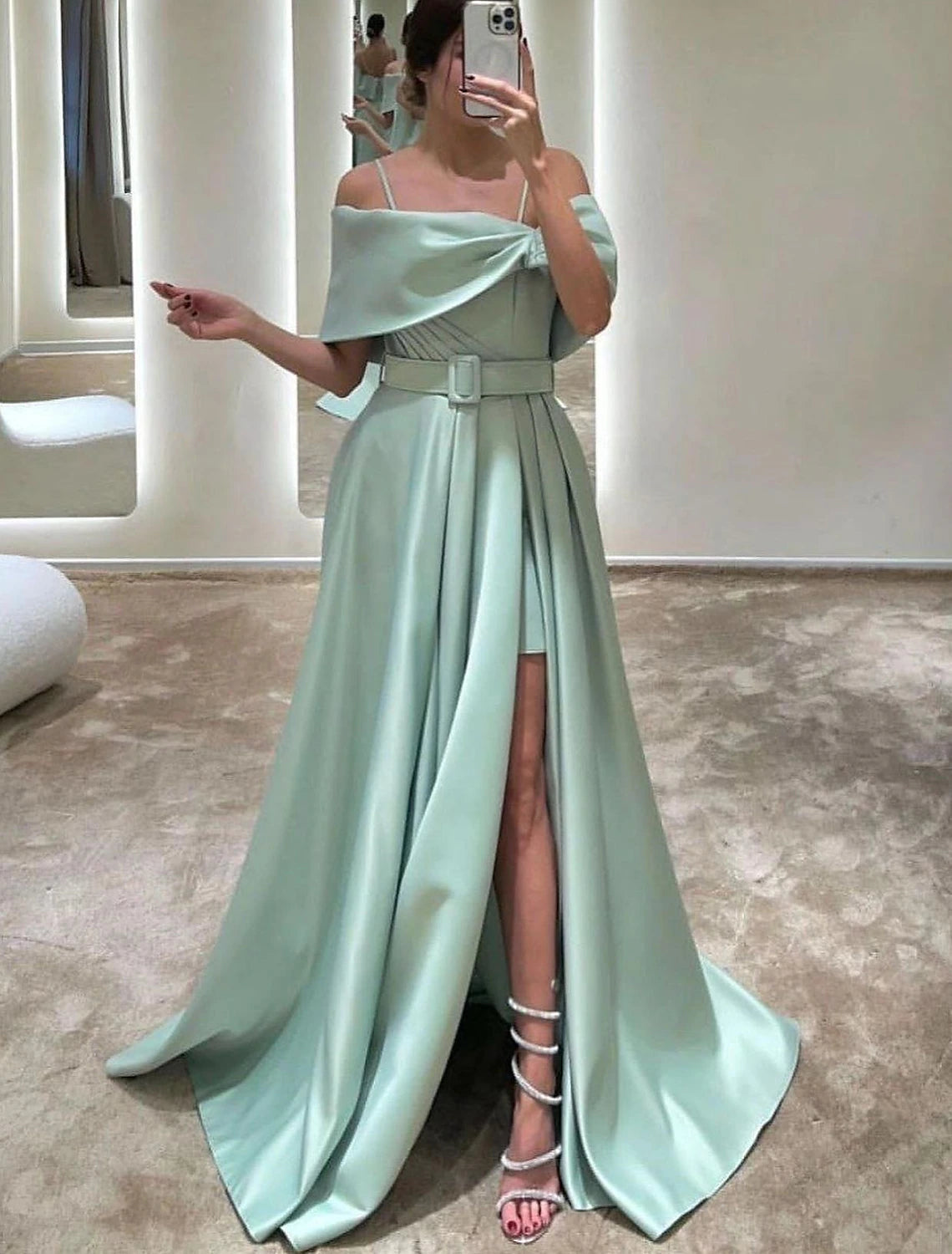 A-Line Evening Gown Elegant Dress Formal Floor Length Sleeveless Off Shoulder Satin with Crystals Slit
