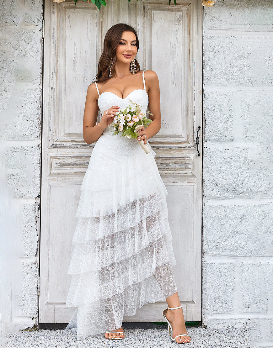 Luolandi Ivory Lace Asymmetrical Detachable Train Boho Wedding Dress Sexy