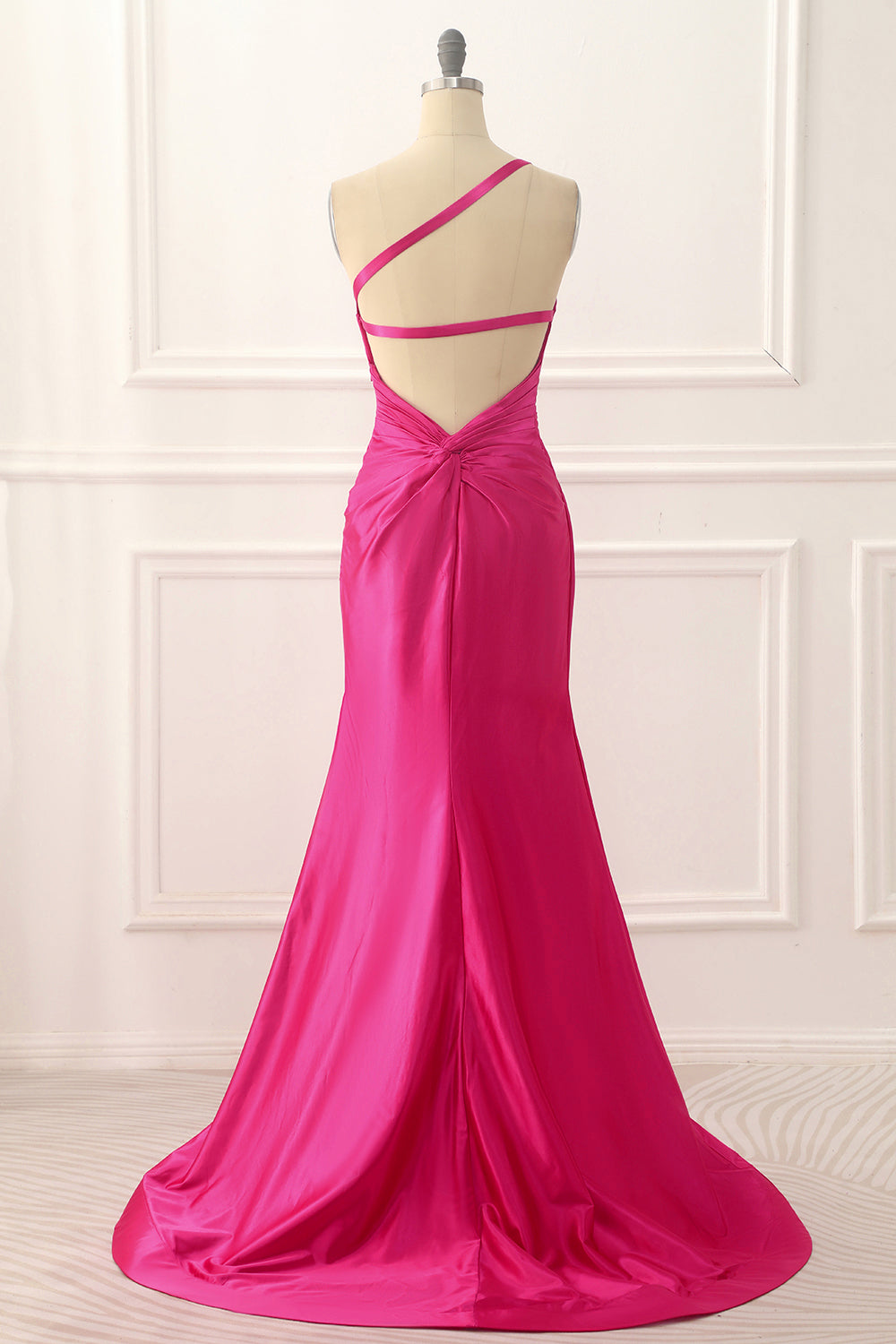 Luolandi One Shoulder Hot Pink Satin Backless Long Prom Dress Sexy Evening Dress Party Dress