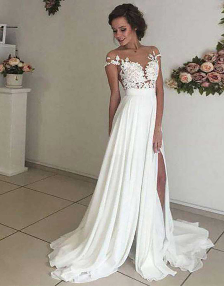 Luolandi Ivory A Line Court Train Long Bridal Dress With Slit Wedding Dresses