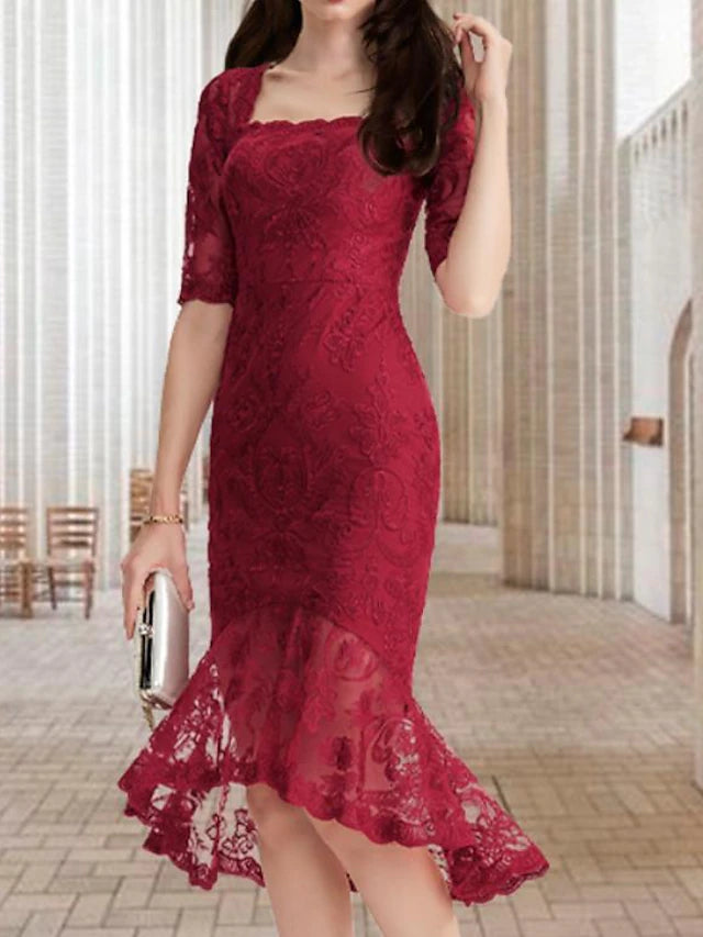 Luolandi Mermaid / Trumpet Mother of the Bride Dress Vintage Elegant High Low Square Neck Asymmetrical Tea Length Lace Half Sleeve with Appliques