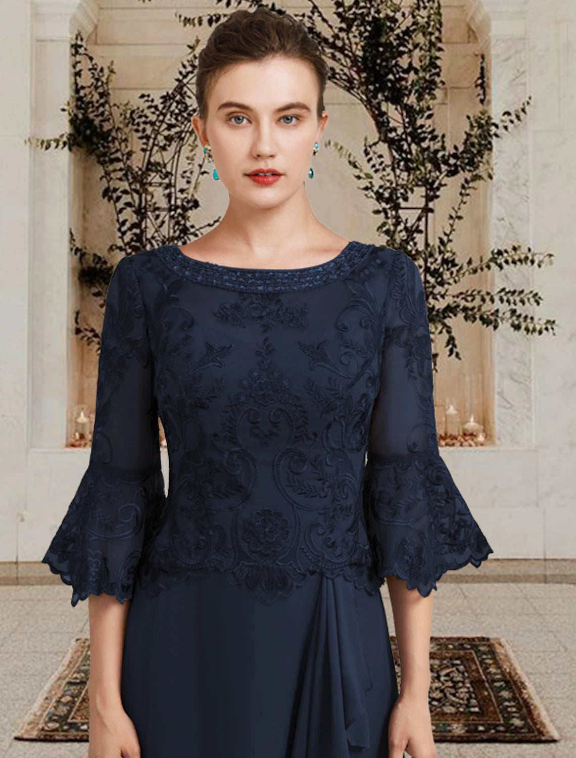 Luolandi Sheath / Column Mother of the Bride Dress Plus Size Elegant Jewel Neck Floor Length Chiffon Lace Half Sleeve with Sequin