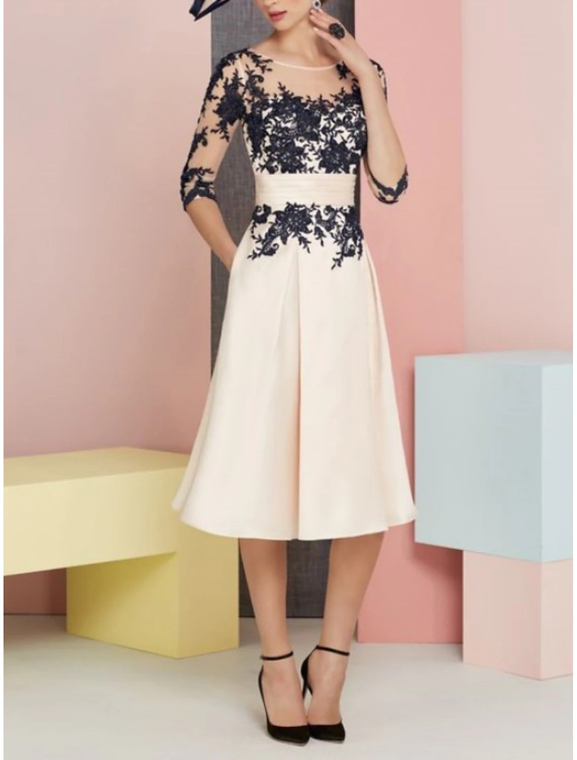 Luolandi Two Piece Mother of the Bride Dress Wedding Guest Elegant Vintage Scoop Neck Knee Length Satin Lace Half Sleeve