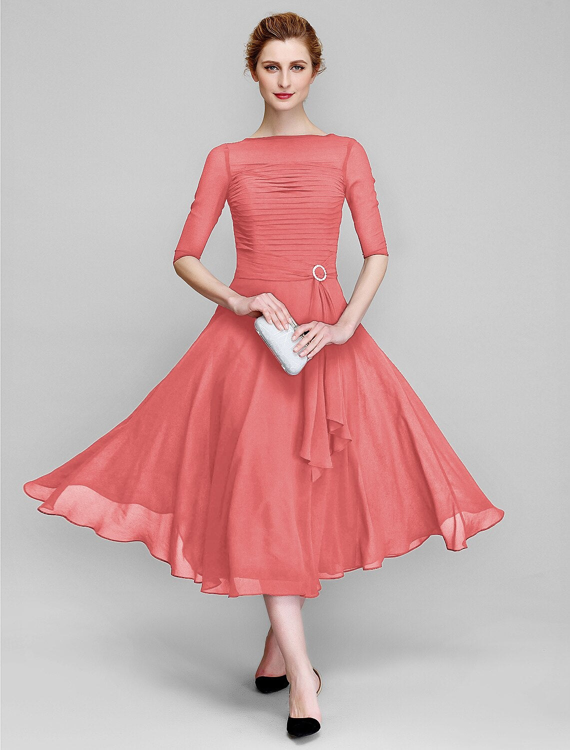 Luolandi A-Line Mother of the Bride Dress Fall Wedding Guest Dresses Plus Size Elegant Bateau Neck Tea Length Chiffon Half Sleeve
