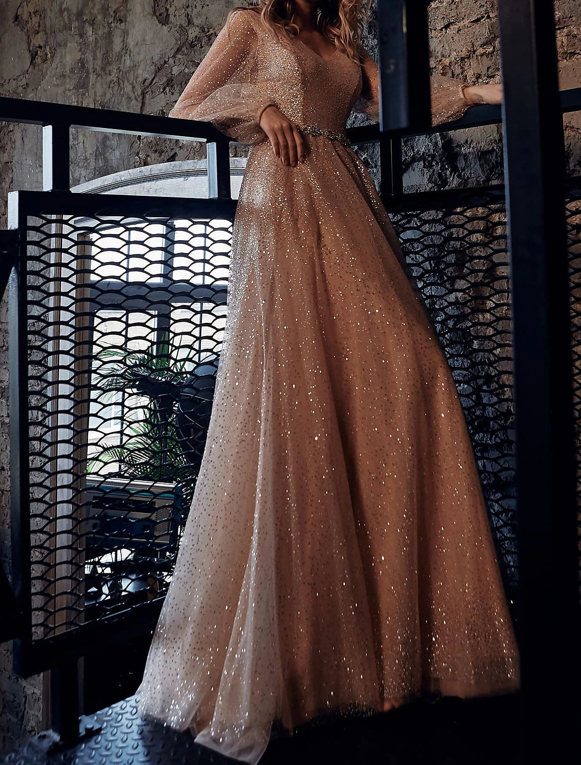 Luolandi A-Line Glittering Prom Dress Maxi Party Dress Evening Birthday Dress V Neck Long Sleeve Floor Length Tulle with Sash Sparkly