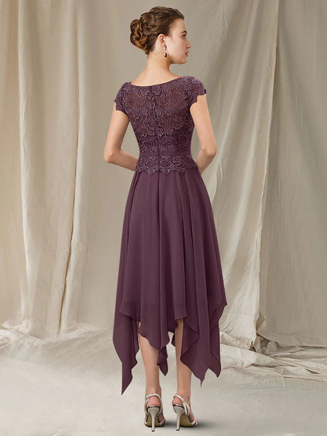 Luolandi A-Line Mother of the Bride Dress Elegant High Low Jewel Neck Asymmetrical Tea Length Chiffon Lace Short Sleeve