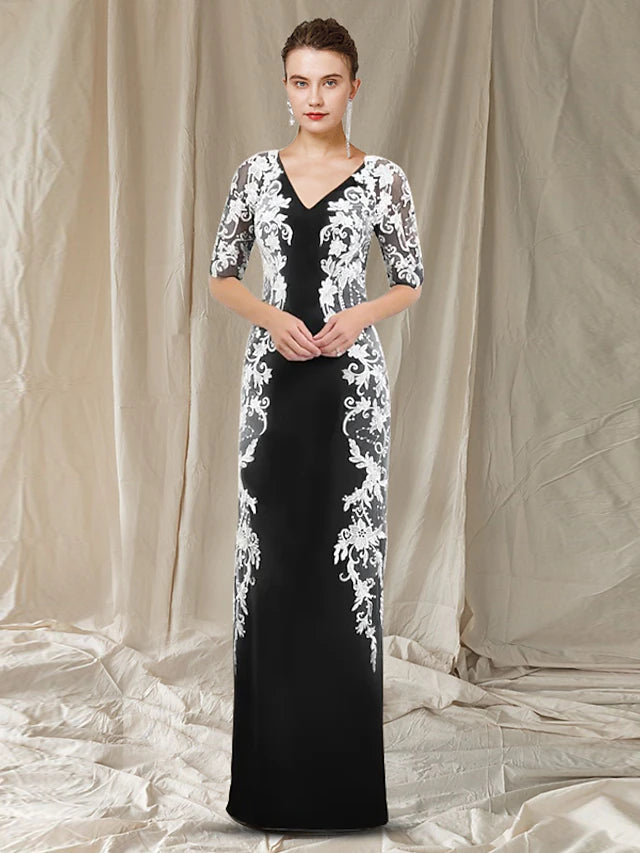 Luolandi Sheath / Column Mother of the Bride Dress Elegant V Neck Floor Length Half Sleeve Wedding Guest Dresses