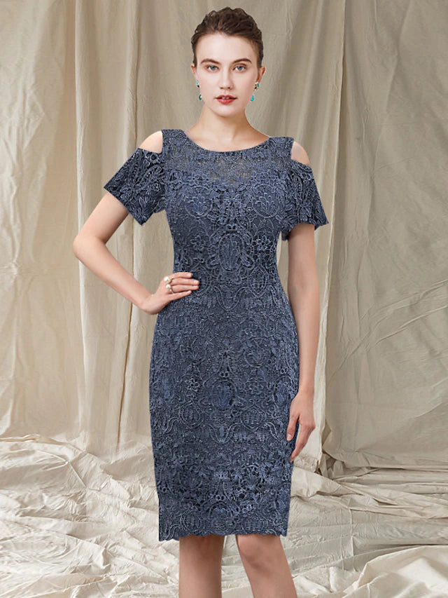 Luolandi Sheath / Column Mother of the Bride Dress Elegant Jewel Neck Knee Length Chiffon Lace Short Sleeve