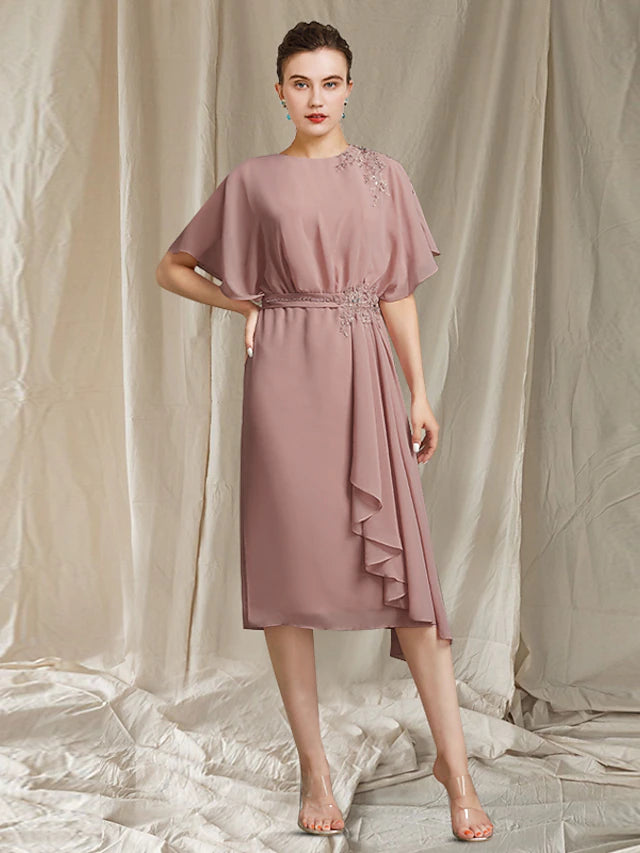 Luolandi A-Line Mother of the Bride Dress Elegant Jewel Neck Knee Length Chiffon Short Sleeve with Sash / Ribbon Beading