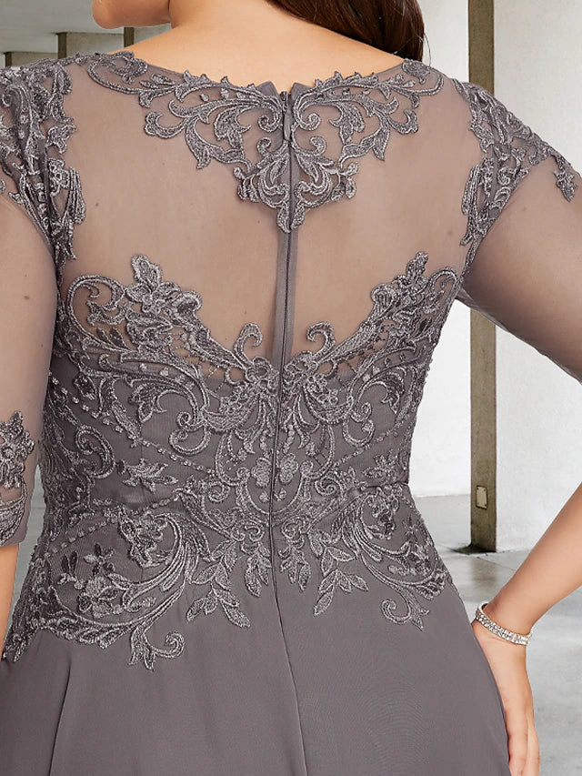Luolandi A-Line Plus Size Curve Mother of the Bride Dresses Elegant Dress Formal Asymmetrical Half Sleeve Jewel Neck Chiffon