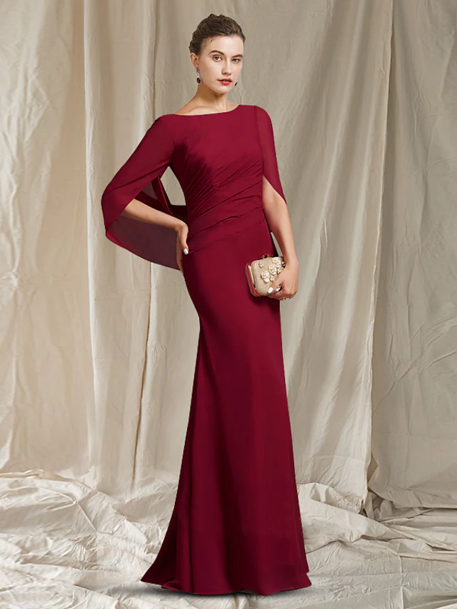 Luolandi Mother of the Bride Dress Elegant Jewel Neck Floor Length Chiffon Half Sleeve with Ruched Burgundy
