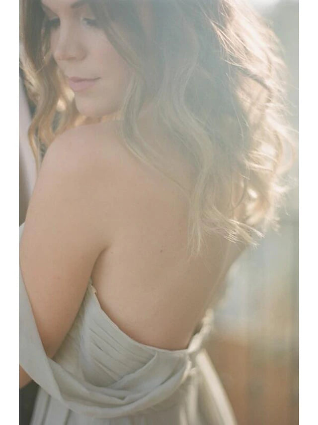 Luolandi A-Line Bridesmaid Dress Sweetheart Neckline Short Sleeve Furcal Floor Length Chiffon with Pleats